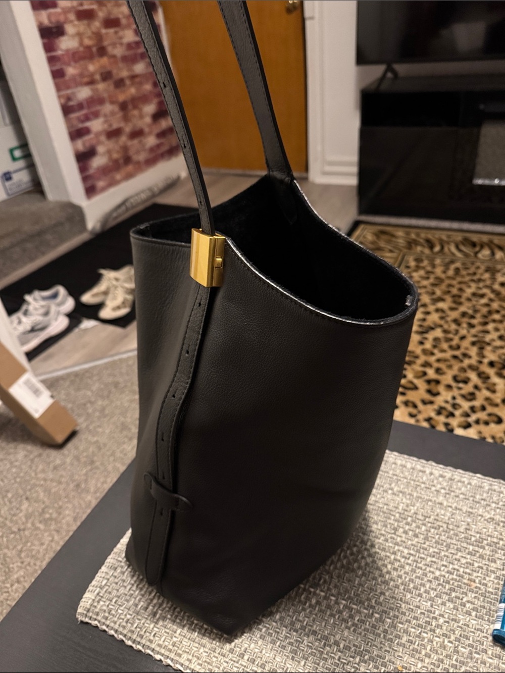 Minimal Black Leather Tote with Gold Accent